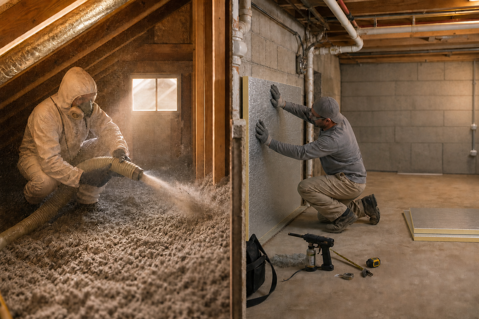 Split-image showing a technician in a protective suit blowing loose-fill insulation into an attic on the left, and a technician sealing gaps in a basement wall on the right.