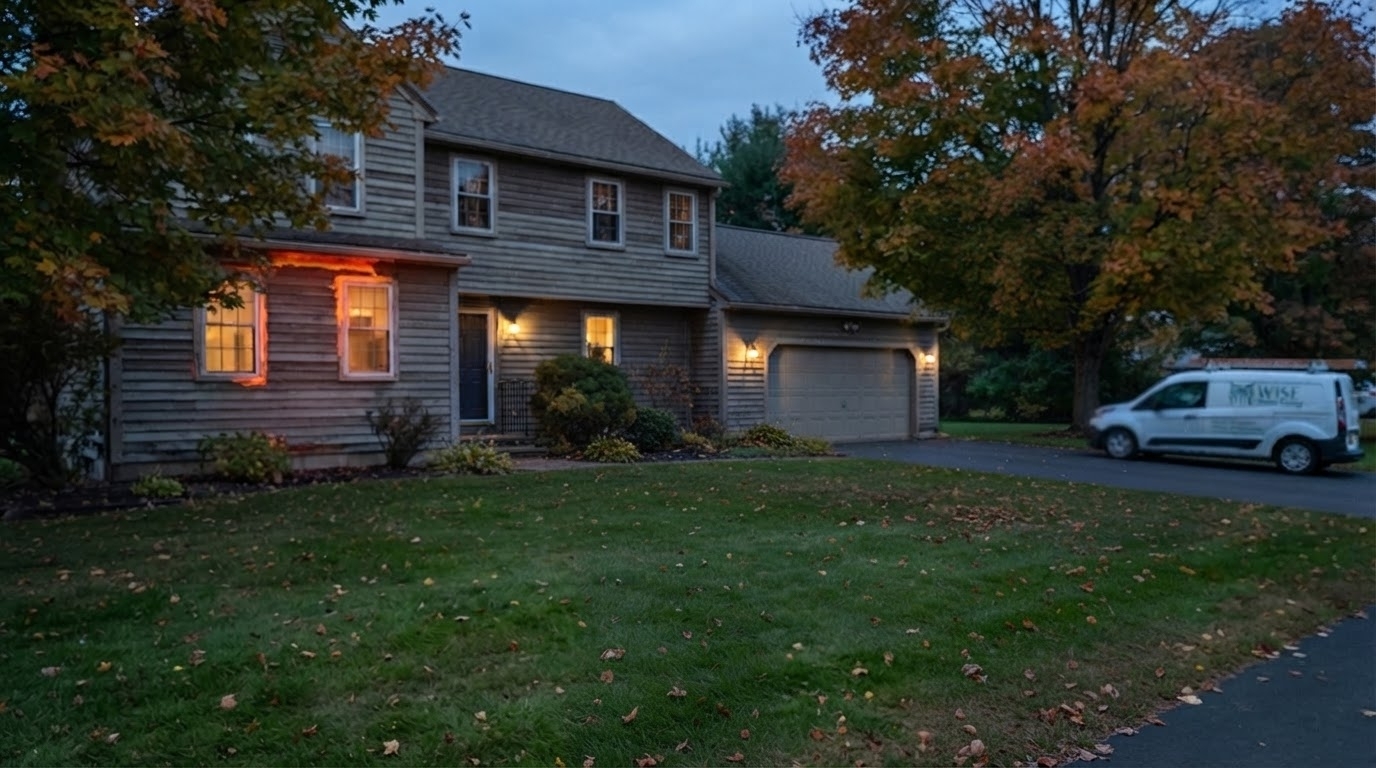 A light-sided two-story suburban house at dusk during autumn, with warm light glowing from its lower windows, maple trees in orange and red foliage, fallen leaves on the green lawn, and a Wise Home Energy service van parked in the driveway.